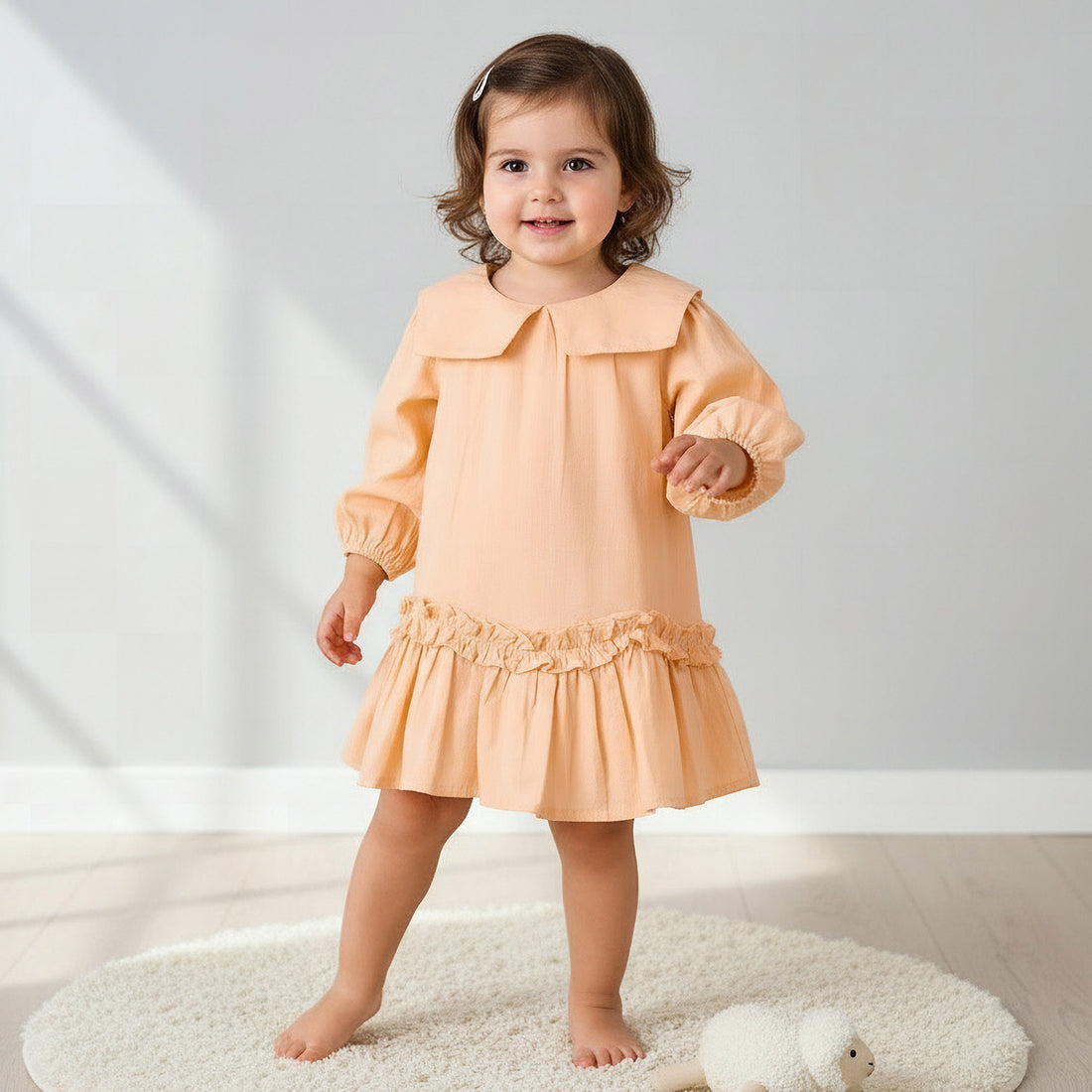 Juniors Collared Long Sleeves A-Line Dress with Ruffled Hem - Orange / 12-18 mths