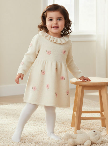 Juniors Floral Embroidered Dress with Tights-baby-girls-clothing-winterwear-dresses-image-1