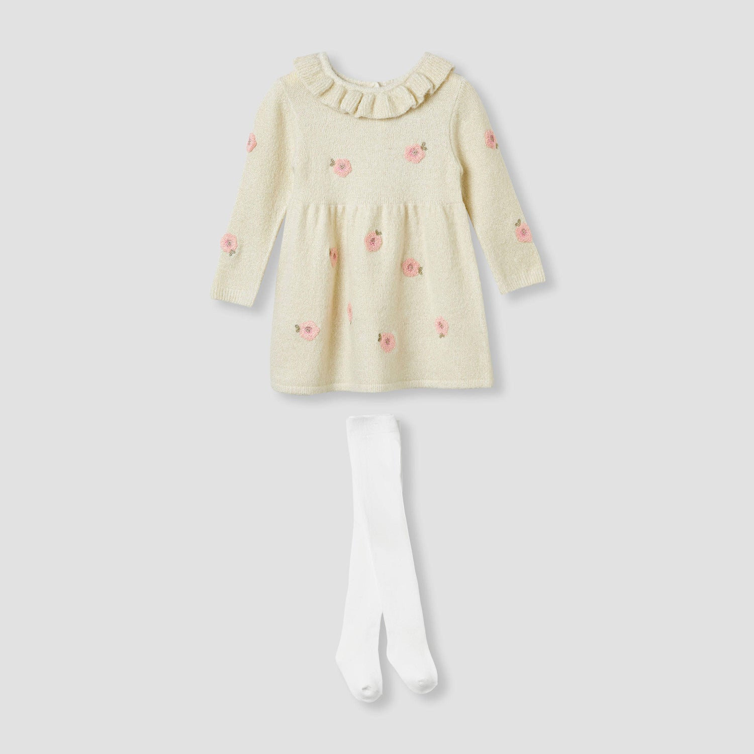Juniors Floral Embroidered Dress with Tights