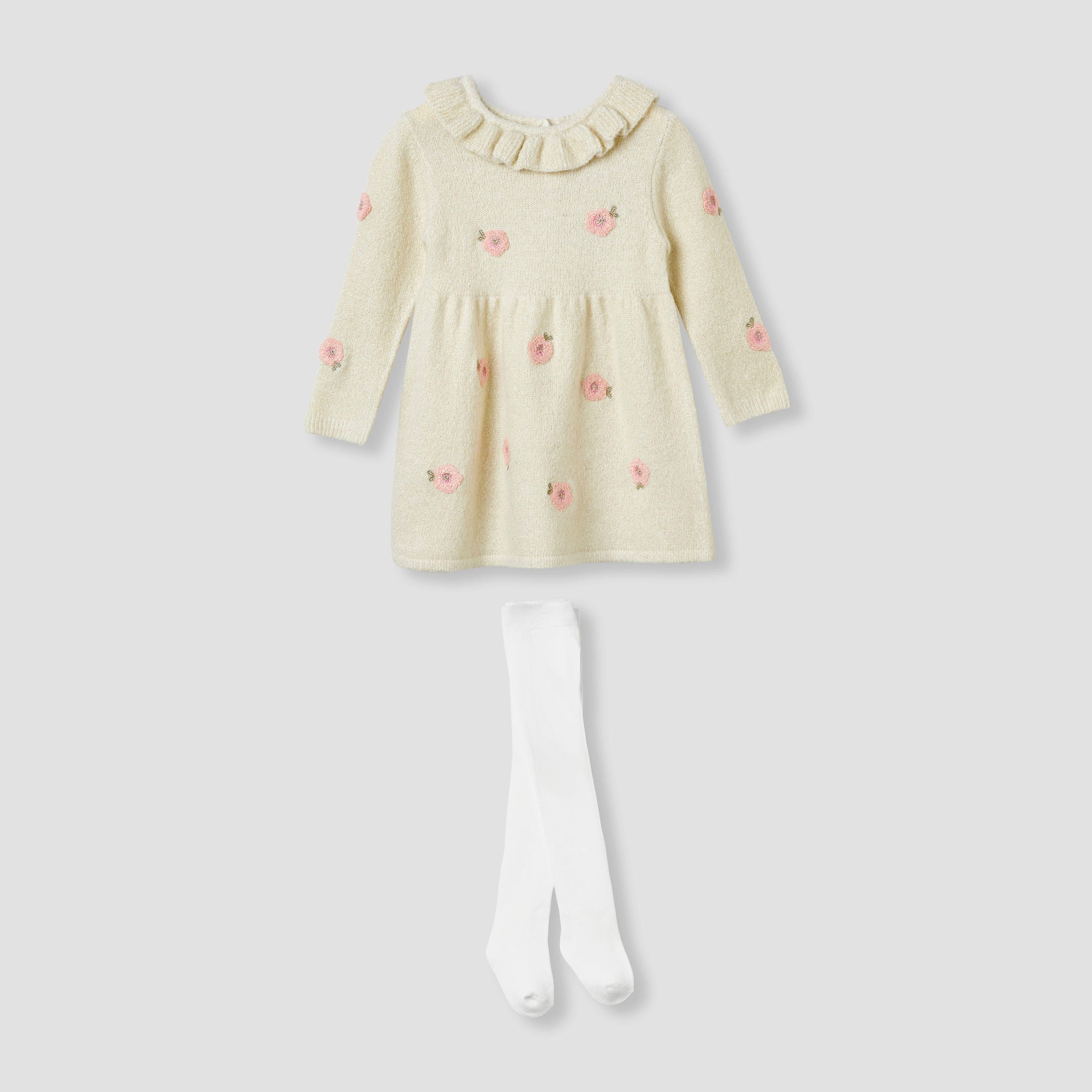 Juniors Floral Embroidered Dress with Tights