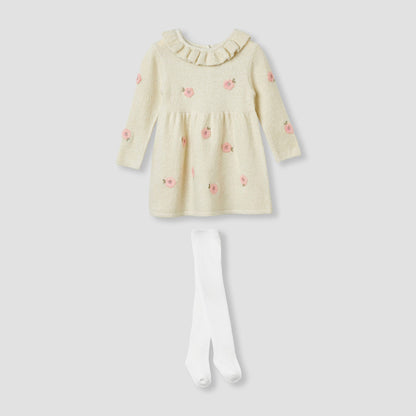 Juniors Floral Embroidered Dress with Tights