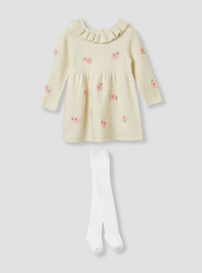 Juniors Floral Embroidered Dress with Tights-baby-girls-clothing-winterwear-dresses-image-2