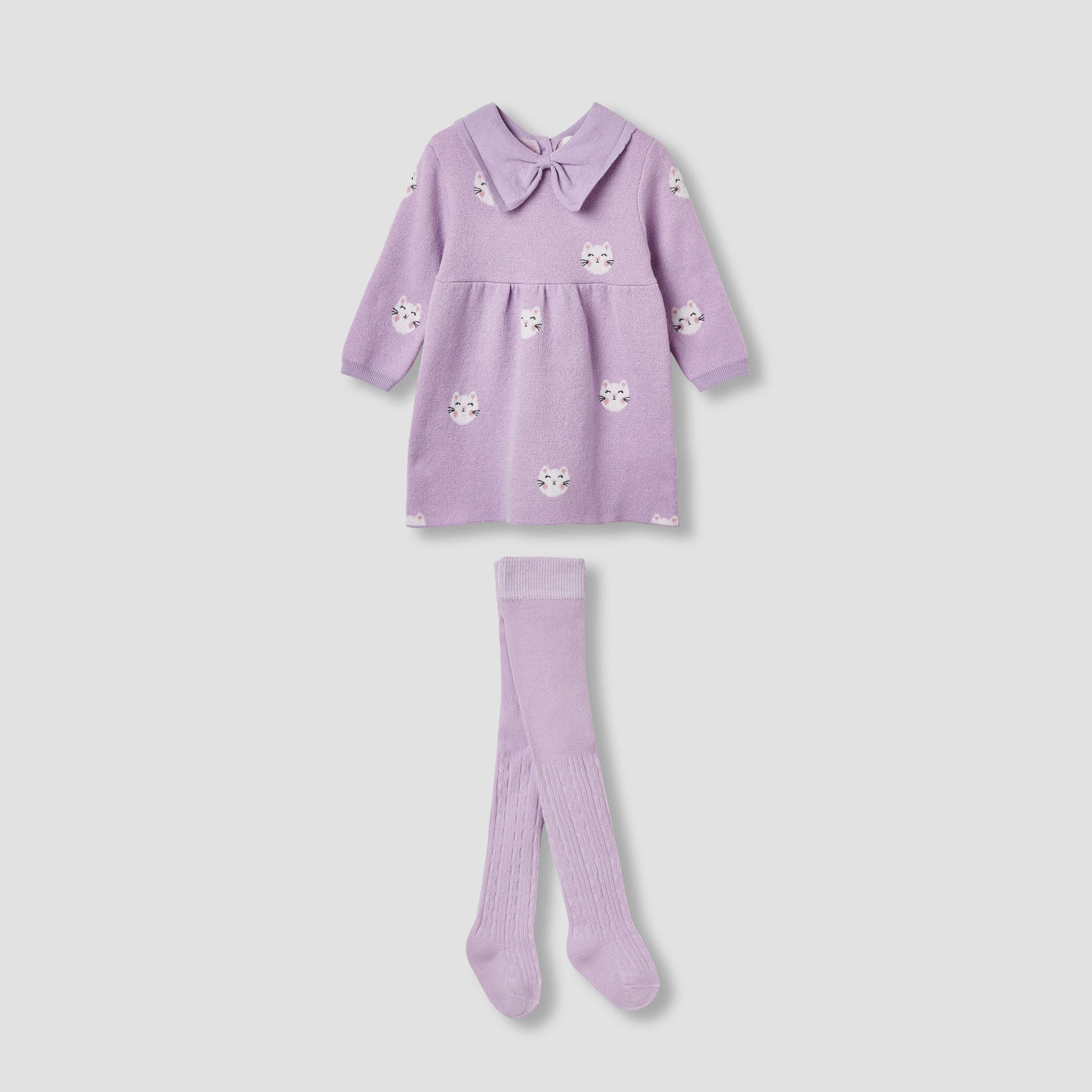 Juniors Cat Print Collared Dress with Long Sleeves and Stockings - Purple / 12-18 mths
