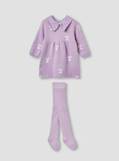 Juniors Cat Print Collared Dress with Long Sleeves and Stockings-baby-girls-clothing-winterwear-dresses-image-2