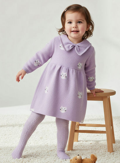 Juniors Cat Print Collared Dress with Long Sleeves and Stockings-baby-girls-clothing-winterwear-dresses-image-1