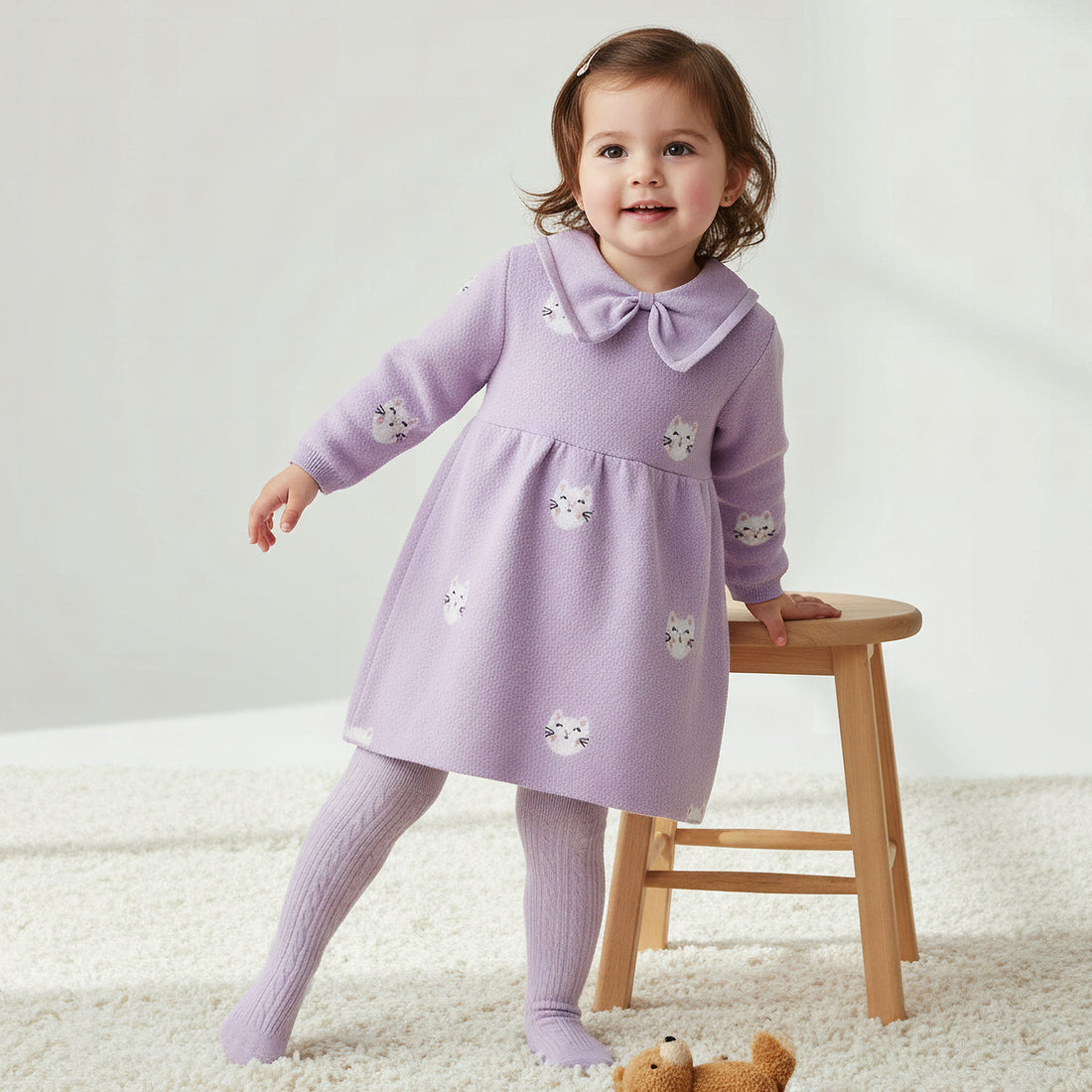 Juniors Cat Print Collared Dress with Long Sleeves and Stockings - Purple / 18-24 mths