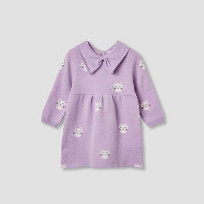 Juniors Cat Print Collared Dress with Long Sleeves and Stockings