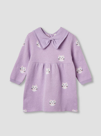 Juniors Cat Print Collared Dress with Long Sleeves and Stockings-baby-girls-clothing-winterwear-dresses-image-3