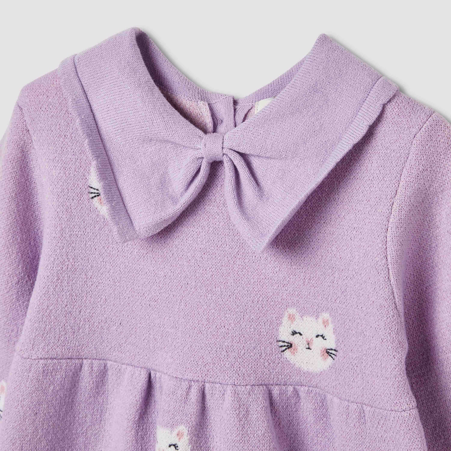 Juniors Cat Print Collared Dress with Long Sleeves and Stockings