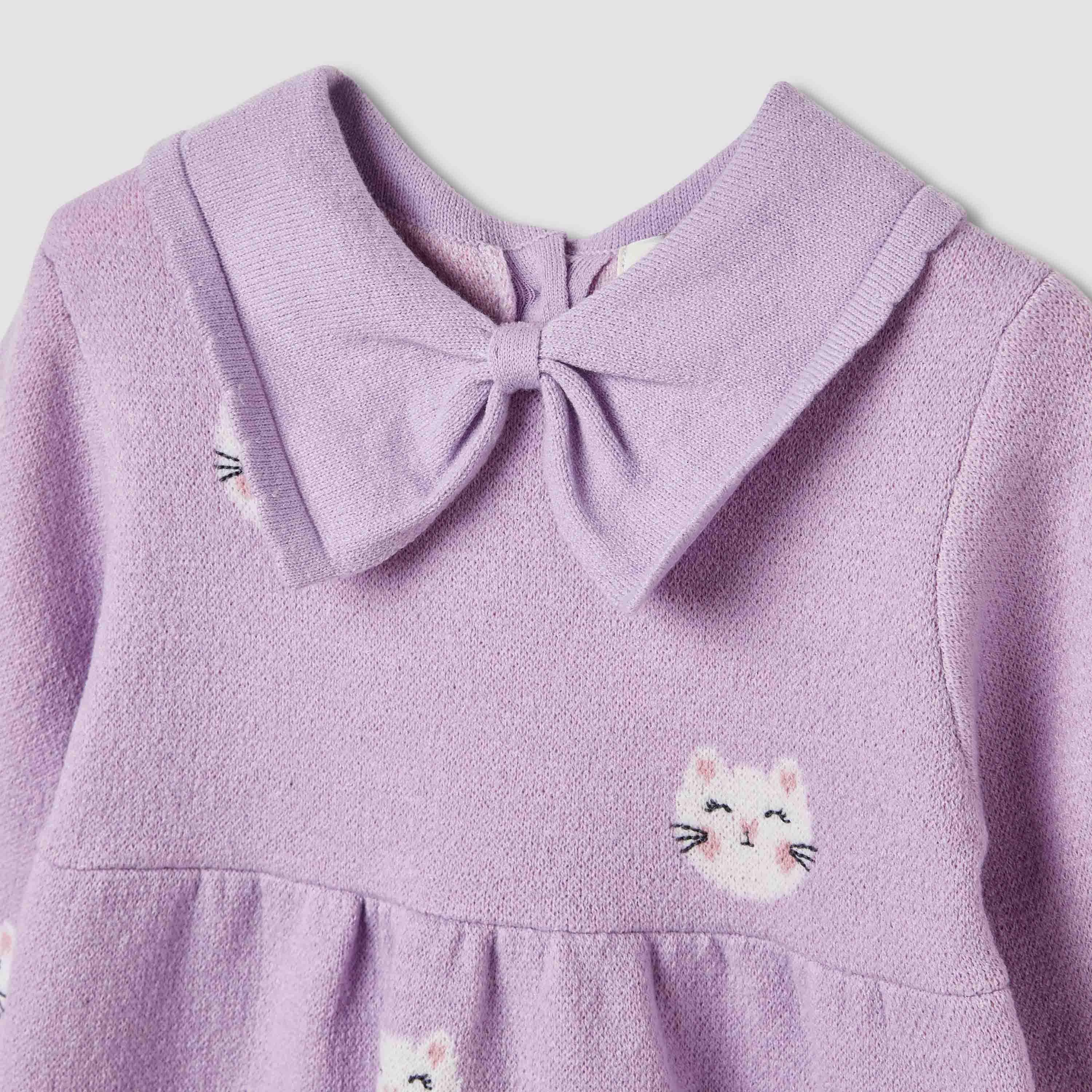 Juniors Cat Print Collared Dress with Long Sleeves and Stockings
