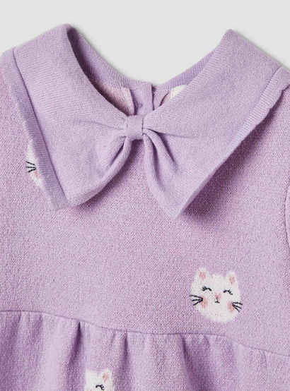 Juniors Cat Print Collared Dress with Long Sleeves and Stockings-baby-girls-clothing-winterwear-dresses-image-5