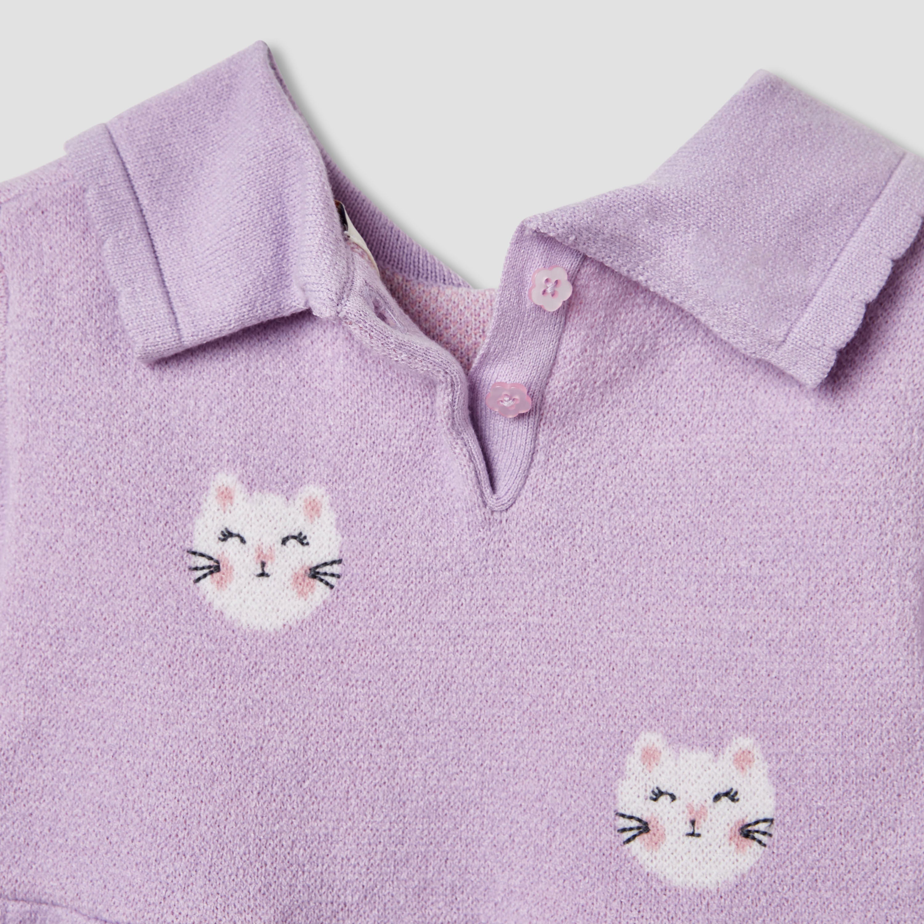 Juniors Cat Print Collared Dress with Long Sleeves and Stockings