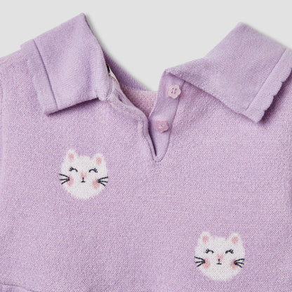 Juniors Cat Print Collared Dress with Long Sleeves and Stockings