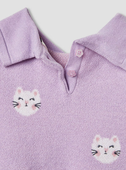 Juniors Cat Print Collared Dress with Long Sleeves and Stockings-baby-girls-clothing-winterwear-dresses-image-6