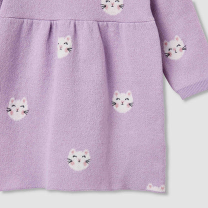 Juniors Cat Print Collared Dress with Long Sleeves and Stockings