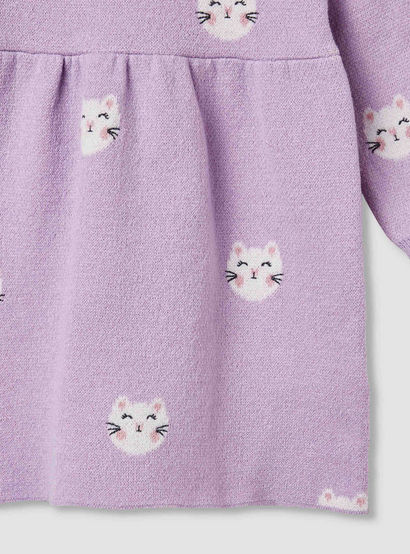 Juniors Cat Print Collared Dress with Long Sleeves and Stockings-baby-girls-clothing-winterwear-dresses-image-7