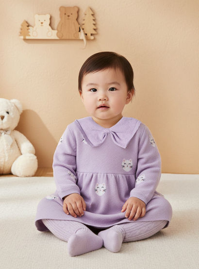 Juniors Cat Print Collared Dress with Long Sleeves and Stockings-baby-girls-clothing-winterwear-dresses-image-10