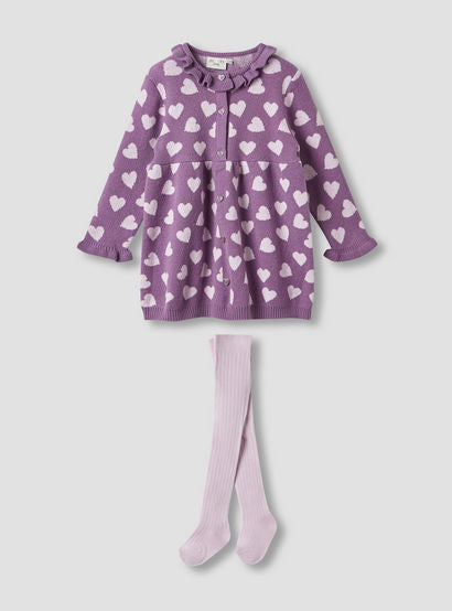 Juniors Heart Print Sweater Dress with Ribbed Tights-baby-girls-clothing-winterwear-dresses-image-2