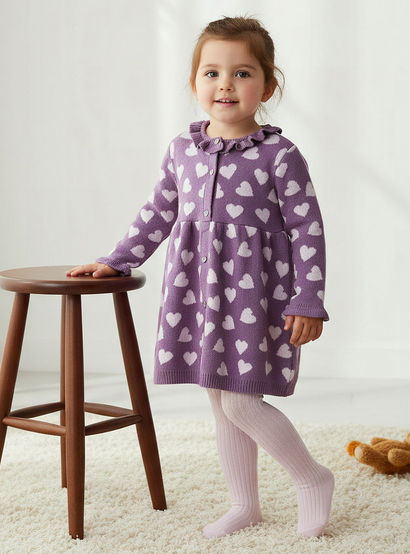 Juniors Heart Print Sweater Dress with Ribbed Tights-baby-girls-clothing-winterwear-dresses-image-1