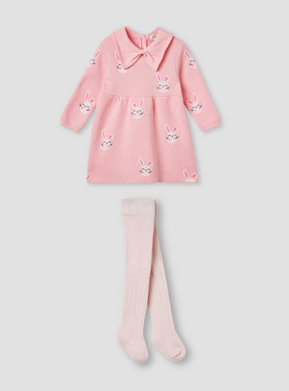 Juniors Bunny Print Collared Dress with Long Sleeves and Stockings-baby-girls-clothing-winterwear-dresses-image-2