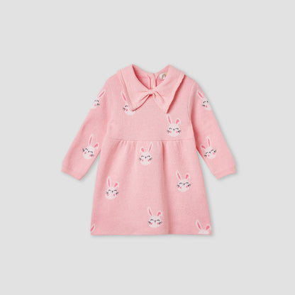 Juniors Bunny Print Collared Dress with Long Sleeves and Stockings