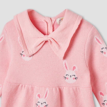 Juniors Bunny Print Collared Dress with Long Sleeves and Stockings