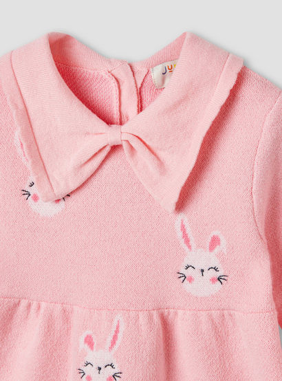 Juniors Bunny Print Collared Dress with Long Sleeves and Stockings-baby-girls-clothing-winterwear-dresses-image-5