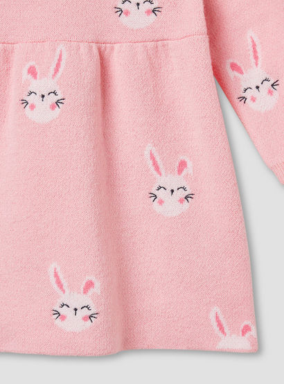 Juniors Bunny Print Collared Dress with Long Sleeves and Stockings-baby-girls-clothing-winterwear-dresses-image-7