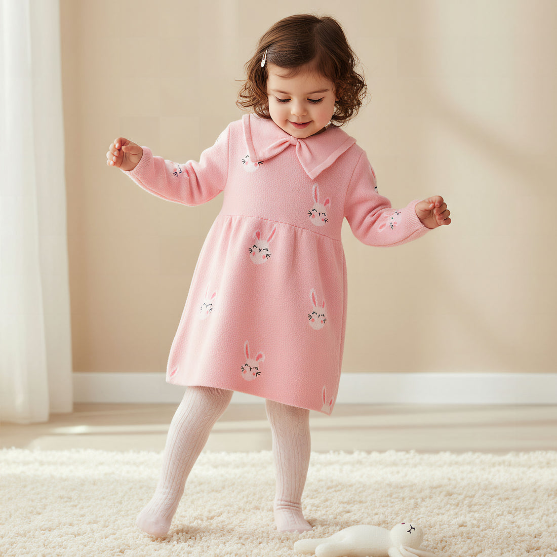Juniors Bunny Print Collared Dress with Long Sleeves and Stockings - Pink / 12-18 mths