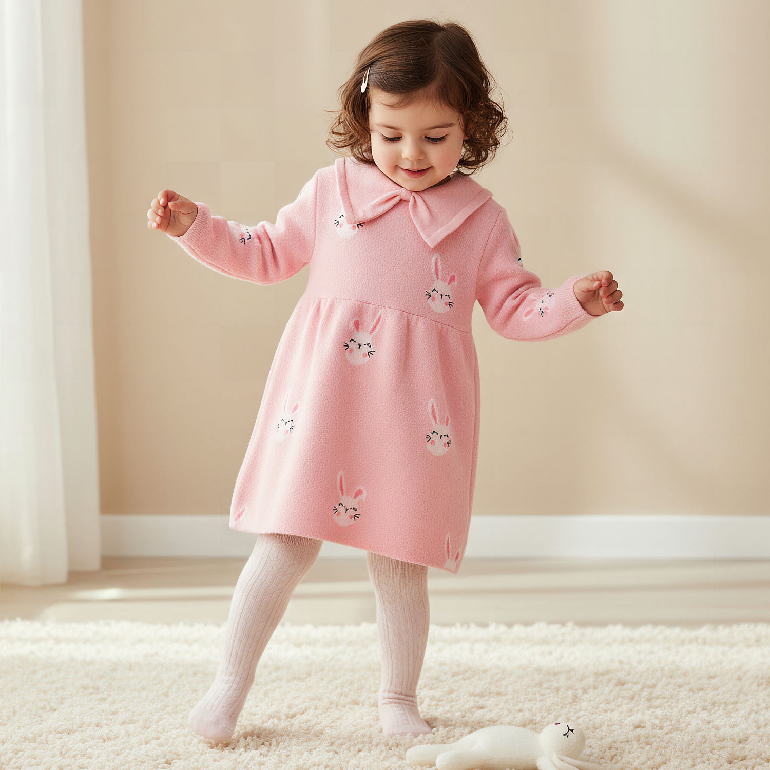 Juniors Bunny Print Collared Dress with Long Sleeves and Stockings - Pink / 12-18 mths
