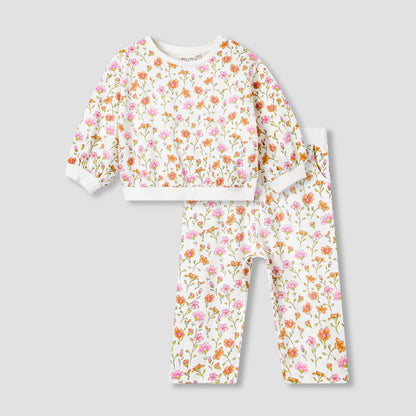 Juniors Crew Neck Long Sleeves Sweatshirt and Pants Set with Floral Print - White / 12-18 mths