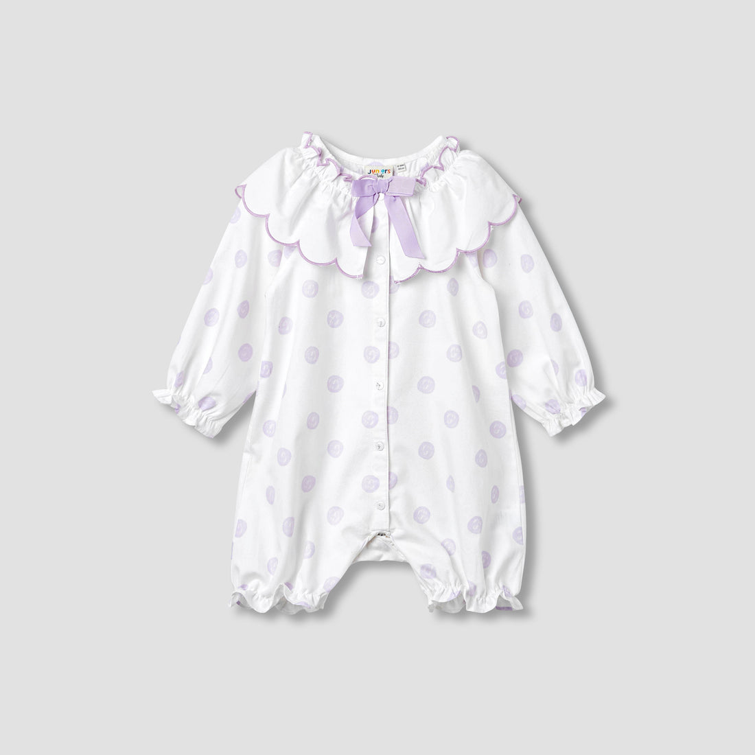Juniors Polka Dot Print Romper with Collar and Bow Accent - Purple / 12-18 mths