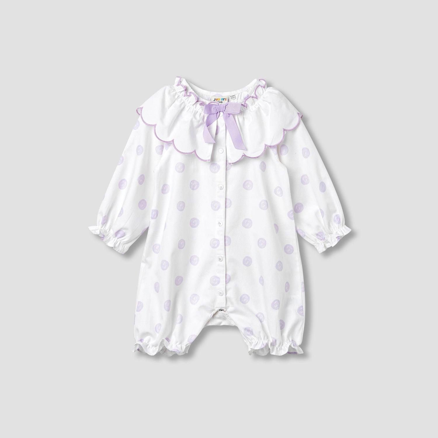 Juniors Polka Dot Print Romper with Collar and Bow Accent - Purple / 12-18 mths
