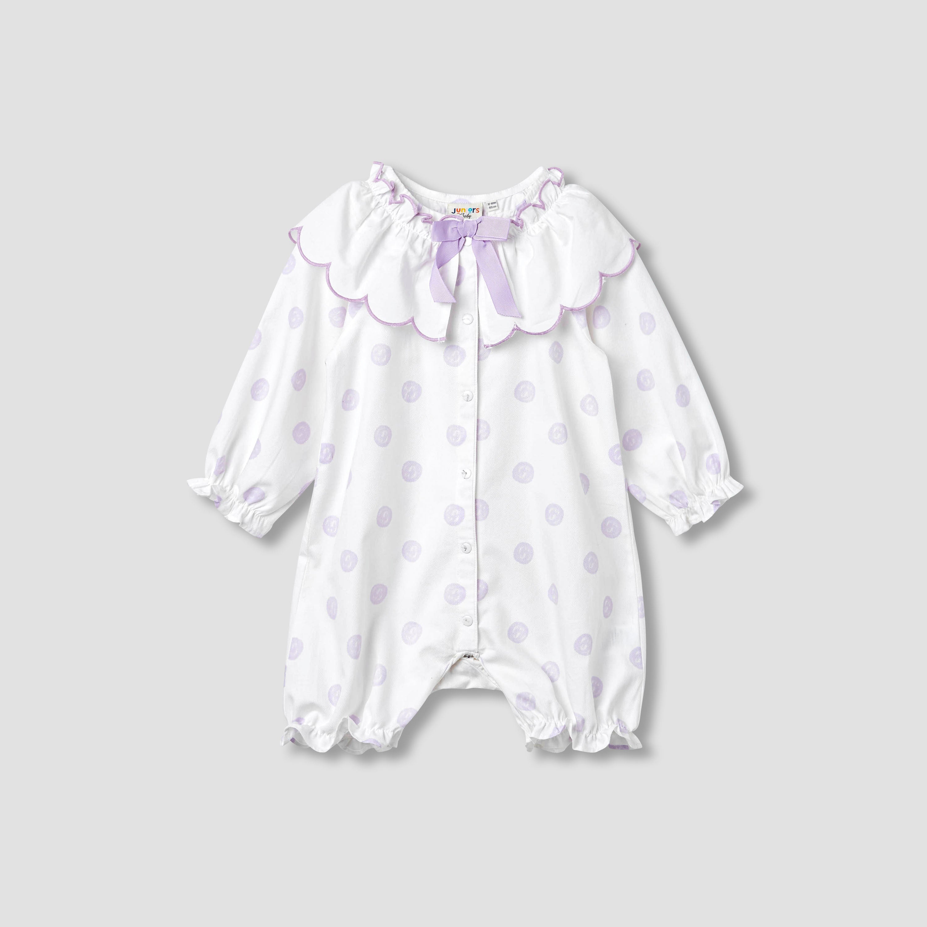 Juniors Polka Dot Print Romper with Collar and Bow Accent - Purple / 12-18 mths