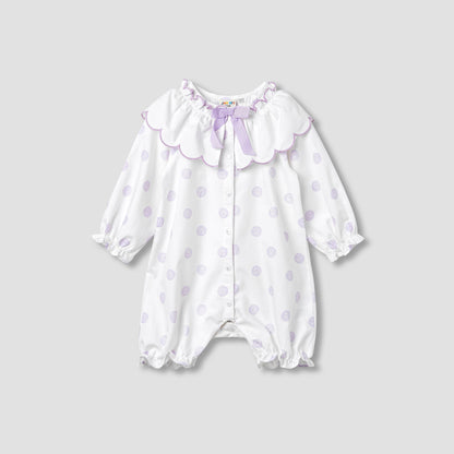 Juniors Polka Dot Print Romper with Collar and Bow Accent - Purple / 12-18 mths