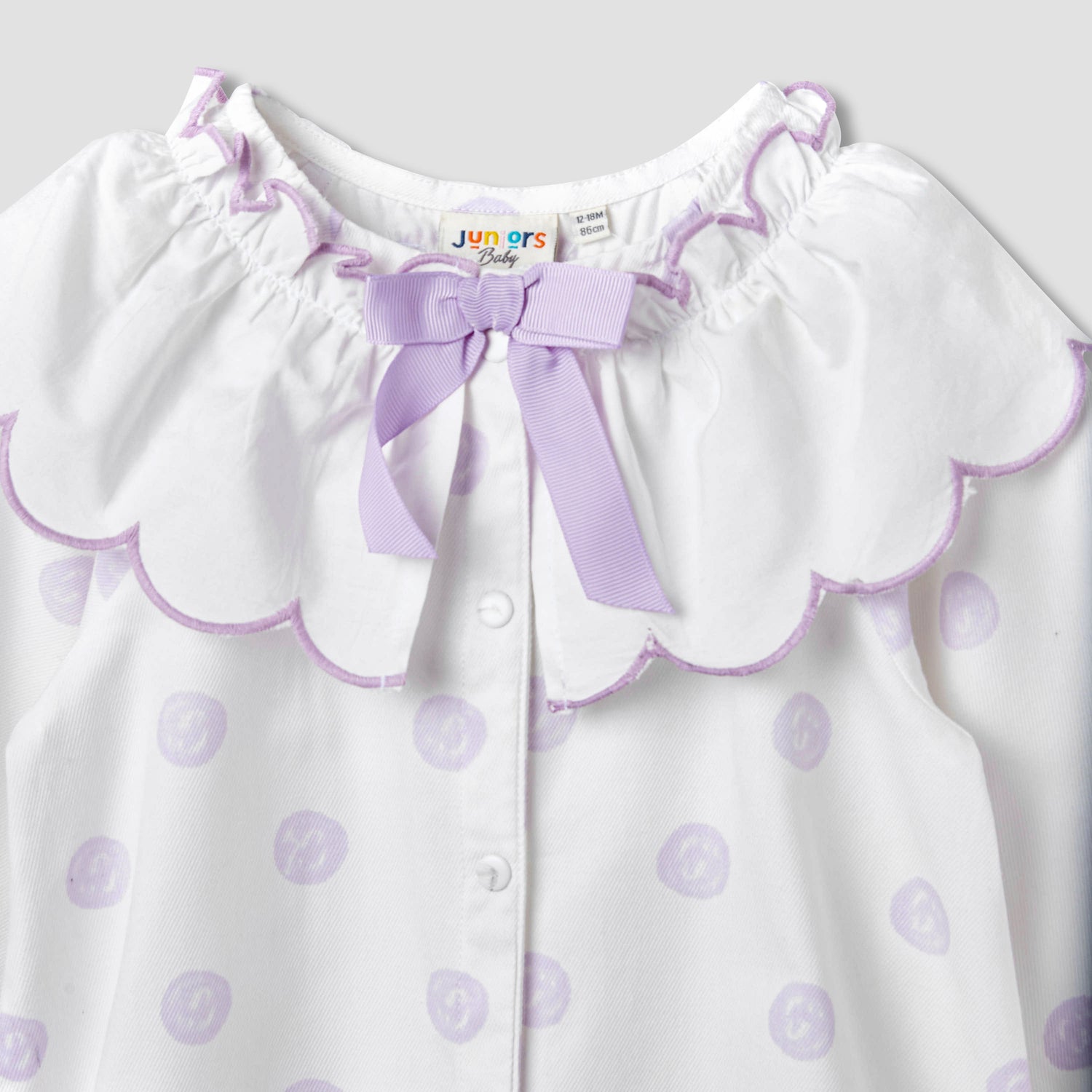 Juniors Polka Dot Print Romper with Collar and Bow Accent