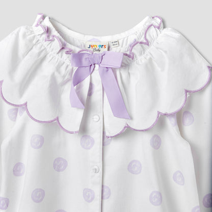 Juniors Polka Dot Print Romper with Collar and Bow Accent