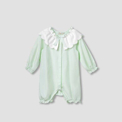 Juniors Solid Romper with Sailor Collar and Bow Accent
