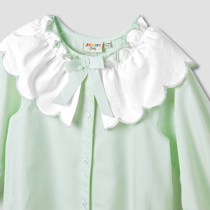 Juniors Solid Romper with Sailor Collar and Bow Accent
