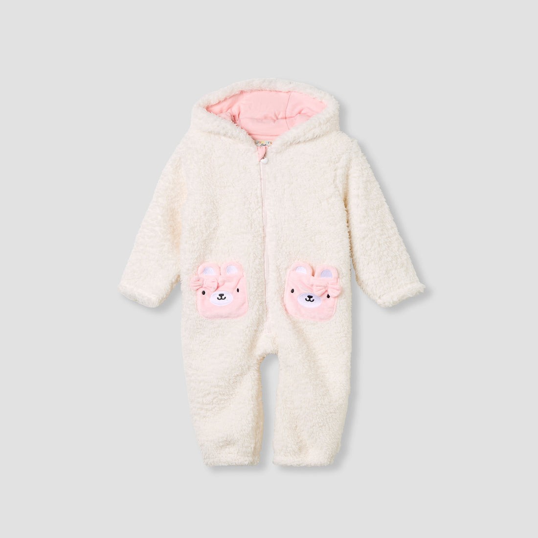 Juniors Fleece Coverall with Hood and Zip Closure - Cream / 12-18 mths