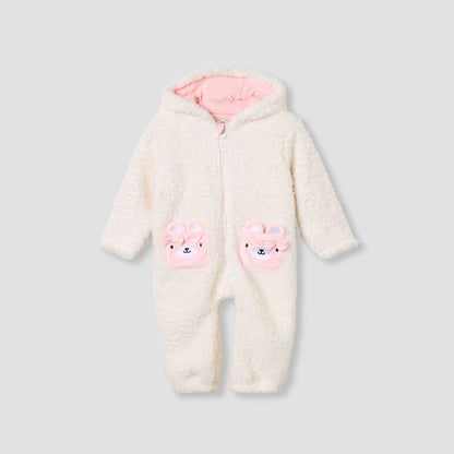 Juniors Fleece Coverall with Hood and Zip Closure - Cream / 12-18 mths
