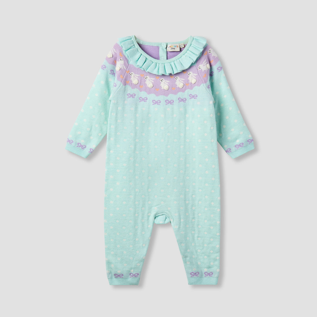 Juniors Bunny Print Romper with Long Sleeves and Ruffle - Green / 12-18 mths
