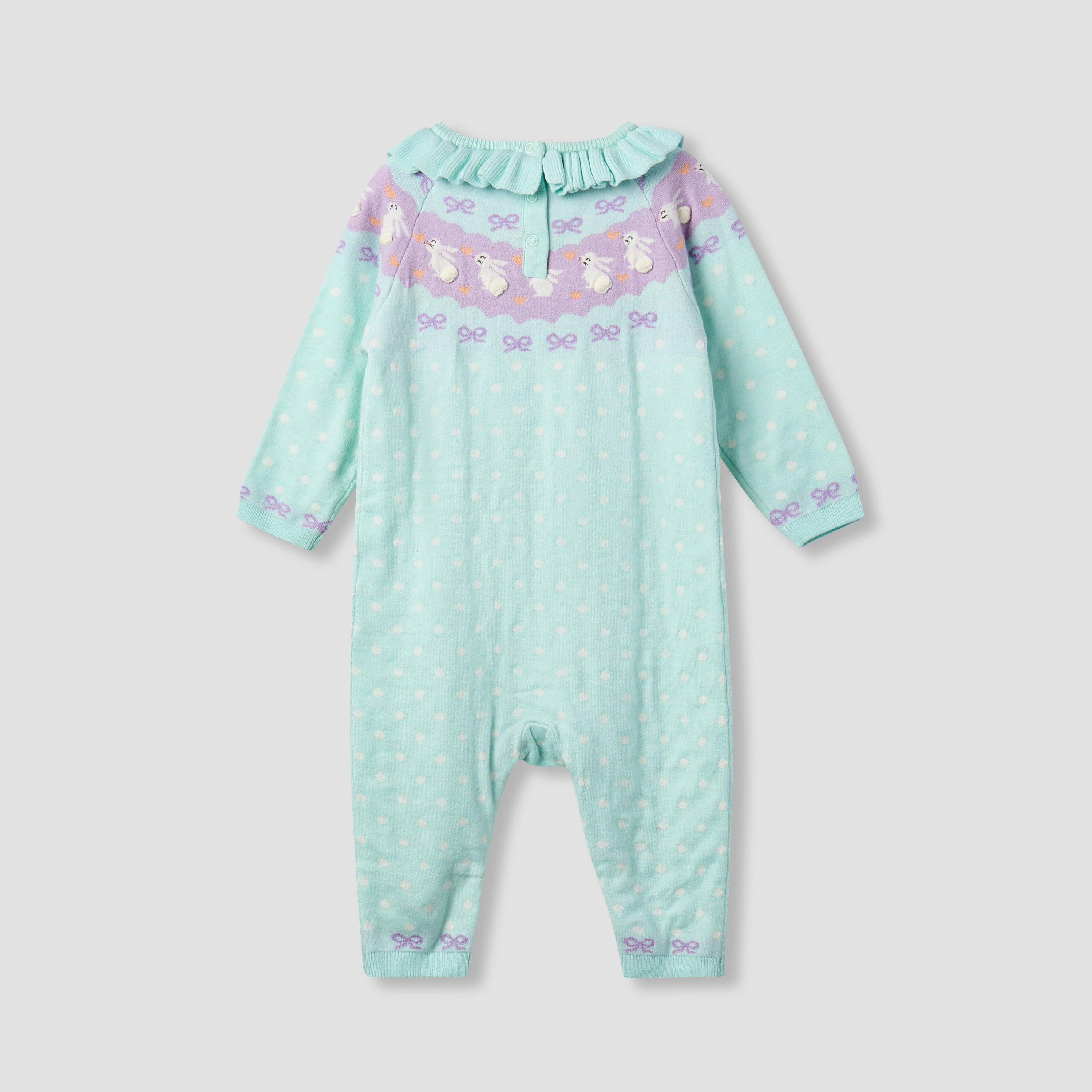 Juniors Bunny Print Romper with Long Sleeves and Ruffle