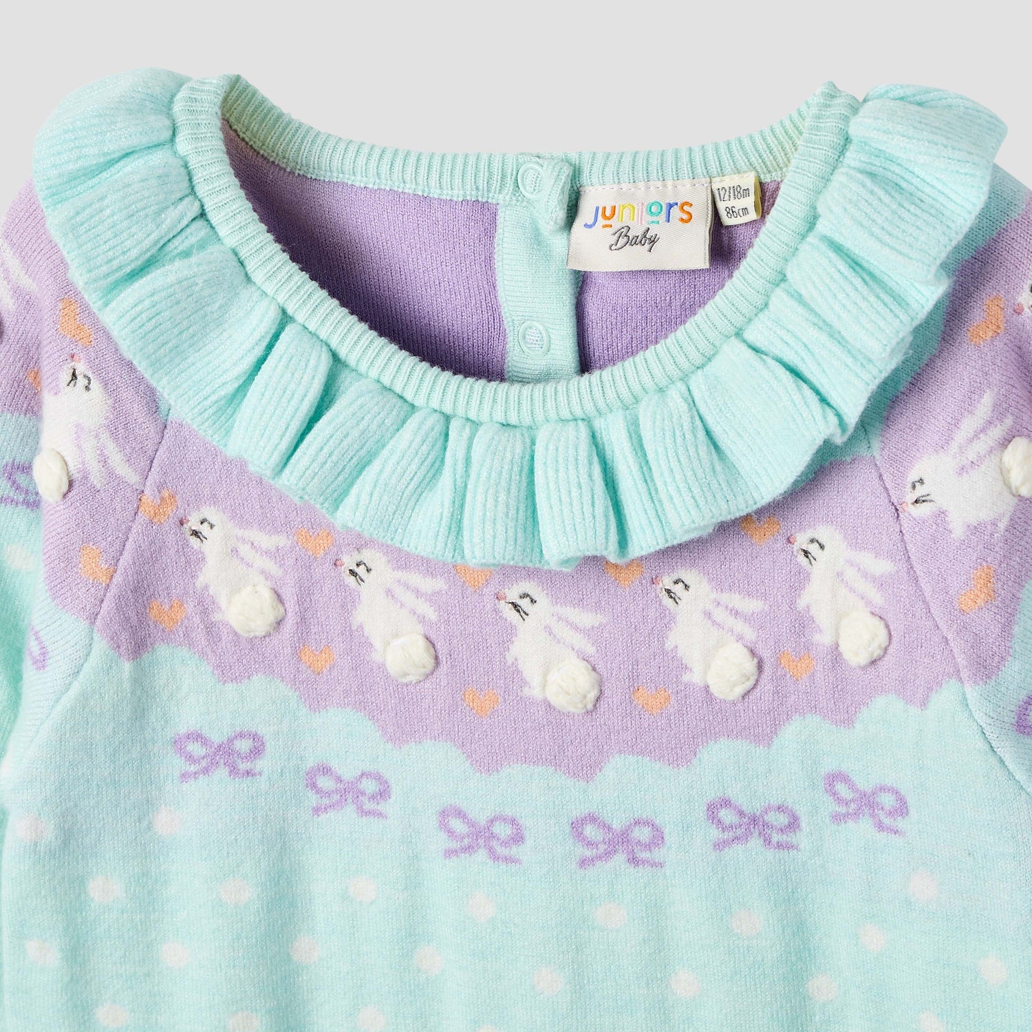 Juniors Bunny Print Romper with Long Sleeves and Ruffle