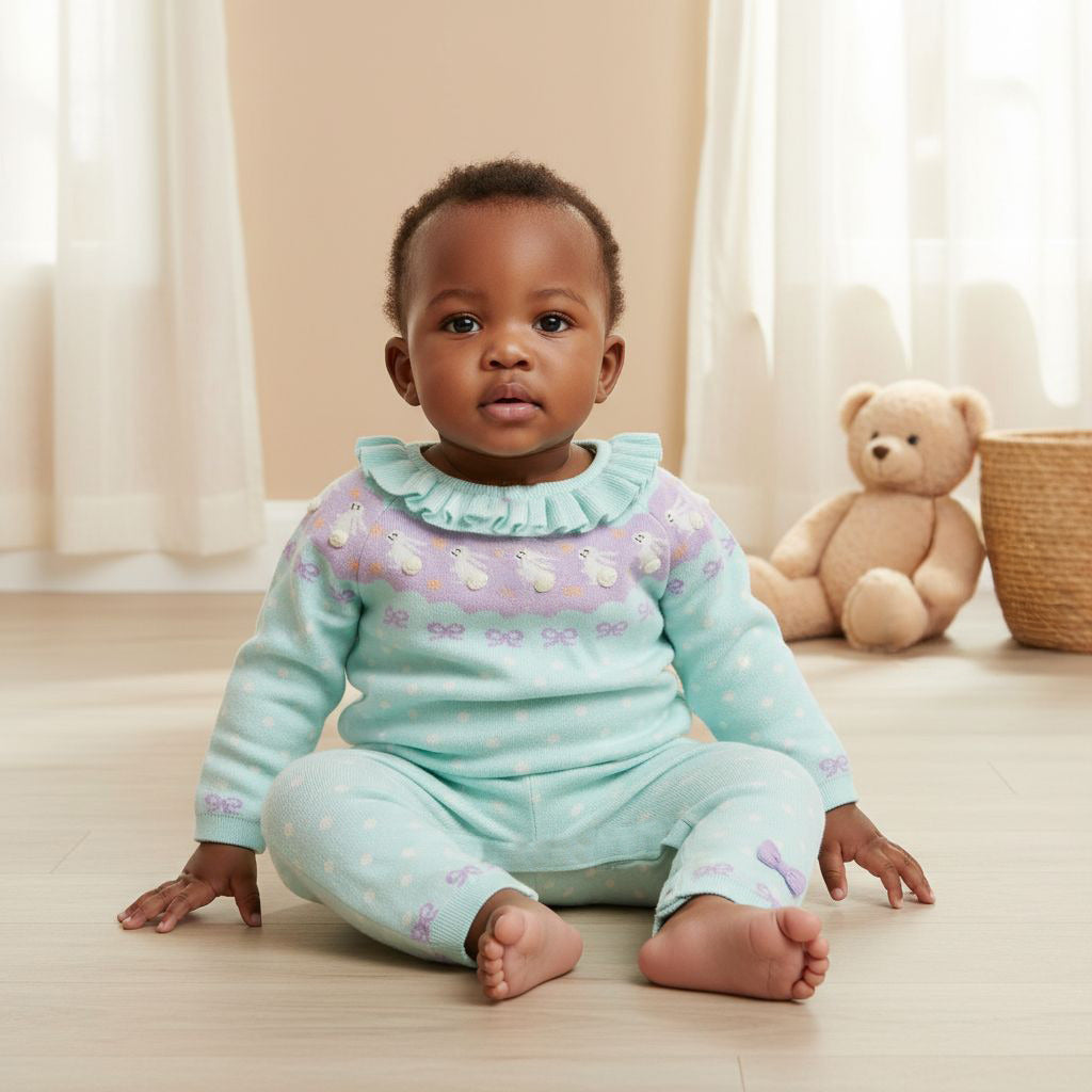 Juniors Bunny Print Romper with Long Sleeves and Ruffle