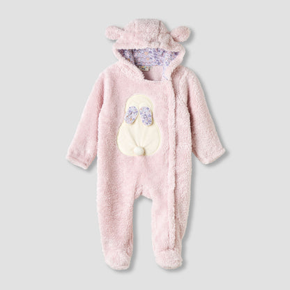 Juniors Hooded Closed Feet Romper with Fleece Texture - Long Sleeves - Pink / 12-18 mths