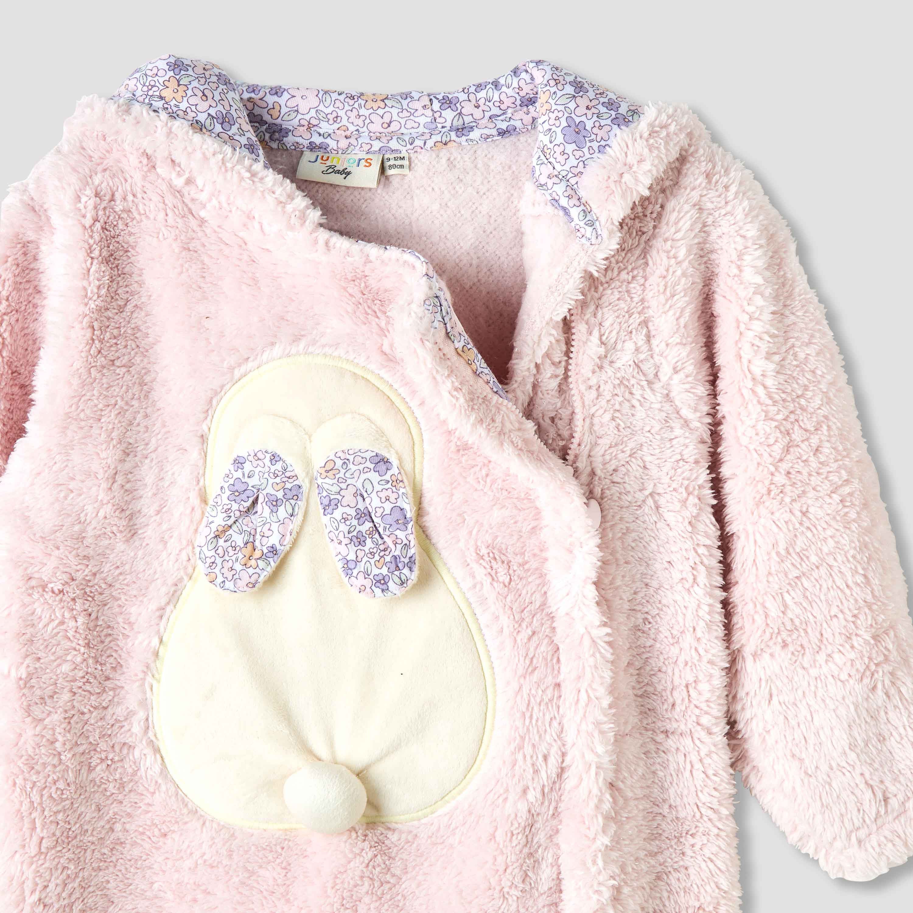 Juniors Hooded Closed Feet Romper with Fleece Texture - Long Sleeves
