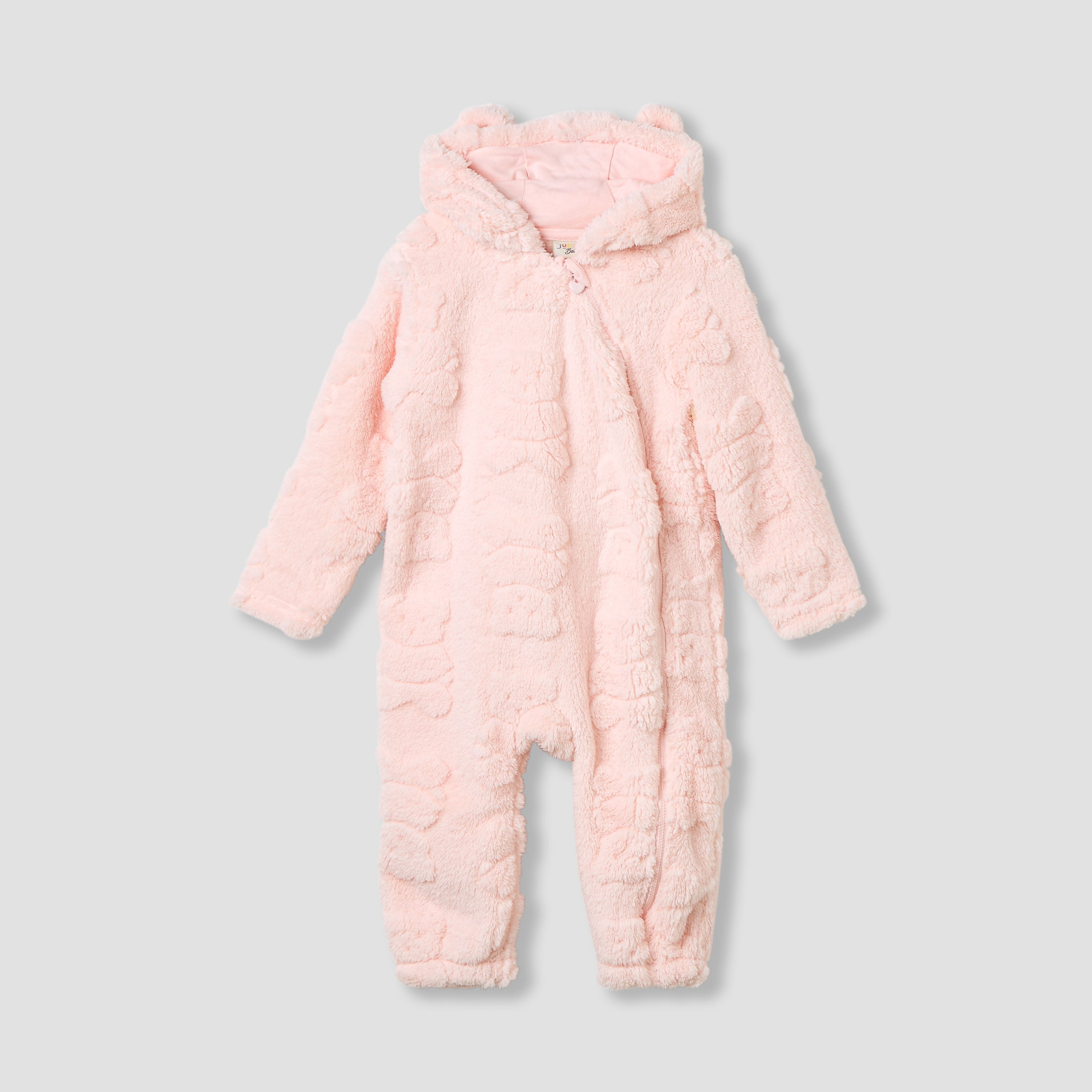 Juniors Bear Textured Hooded Rompers with Zip Closure - Pink / 12-18 mths