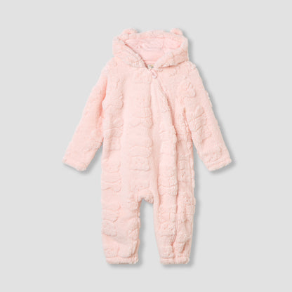Juniors Bear Textured Hooded Rompers with Zip Closure - Pink / 12-18 mths