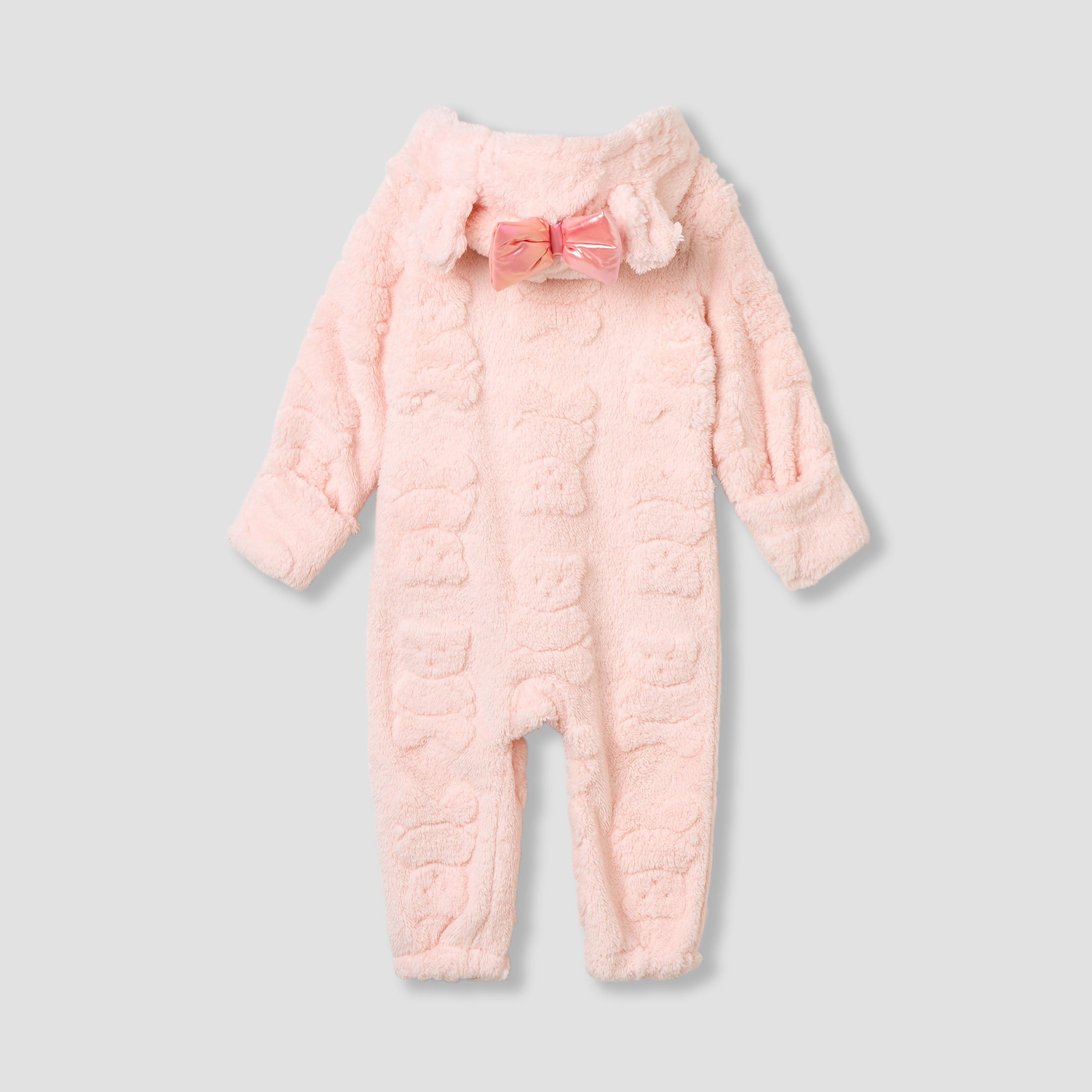 Juniors Bear Textured Hooded Rompers with Zip Closure